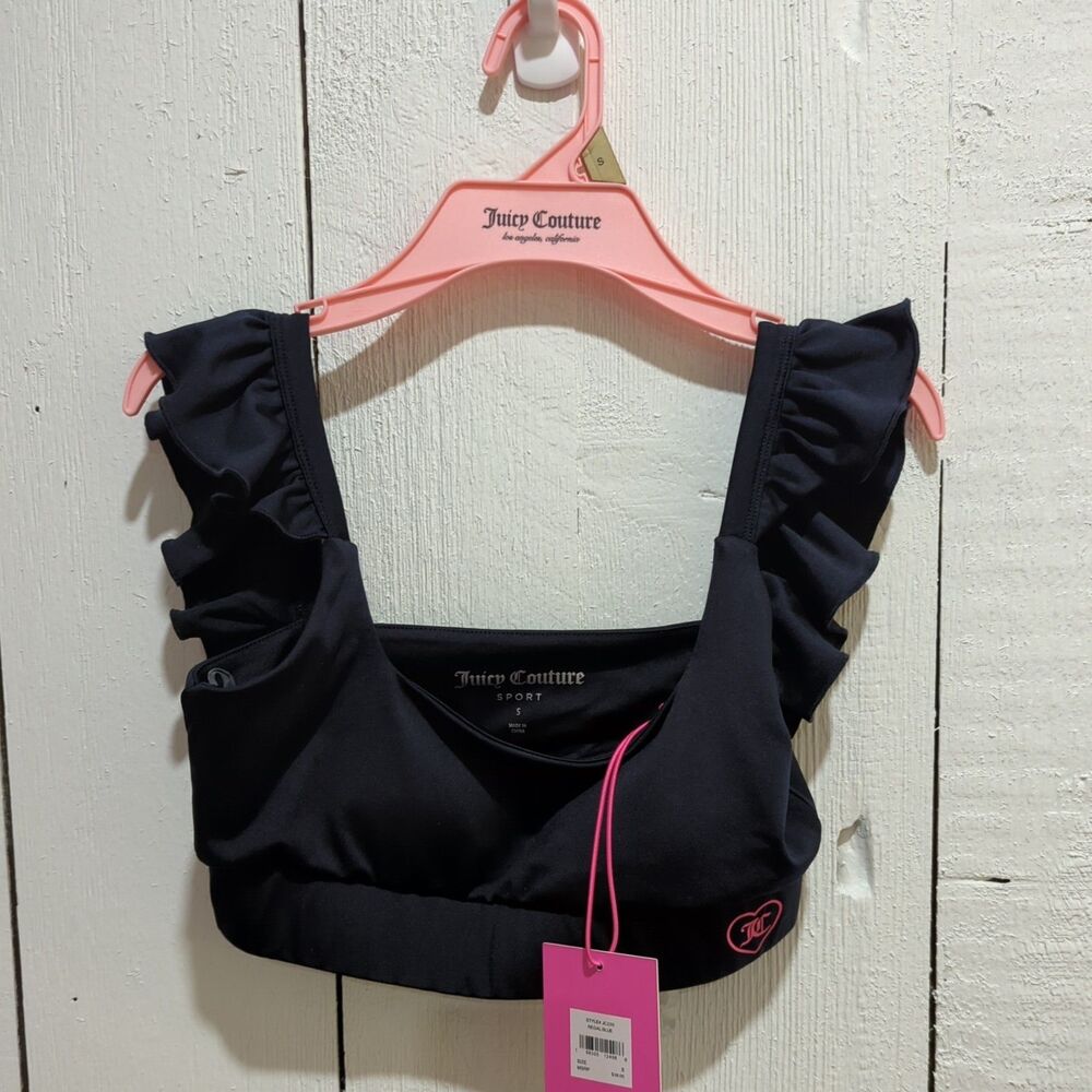 Juicy Couture Sport Black Pullover Sports Bra Ruffle Straps Logo Wireless S